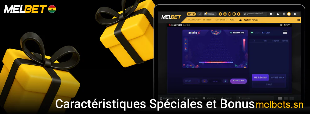 Caractéristiques spéciales et bonus Plinko sur Melbet