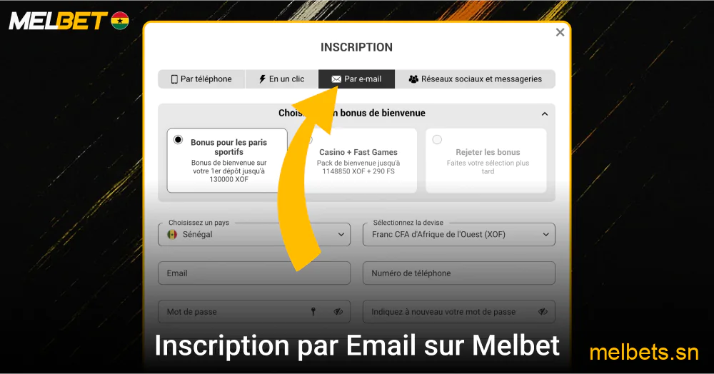 Inscription Melbet simple par email