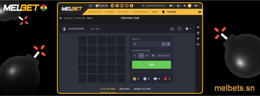 Options de mise dans le jeu Mines sur Melbet